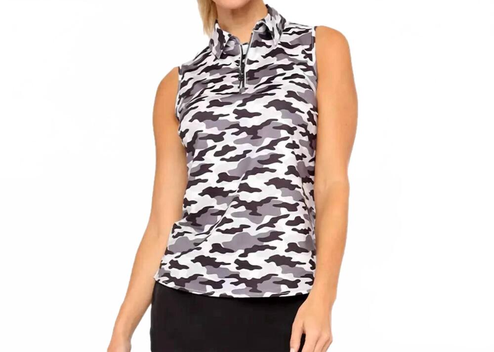 NEW BELYN KEY wild orchid zip keystone sleeveless top in grey scale camo